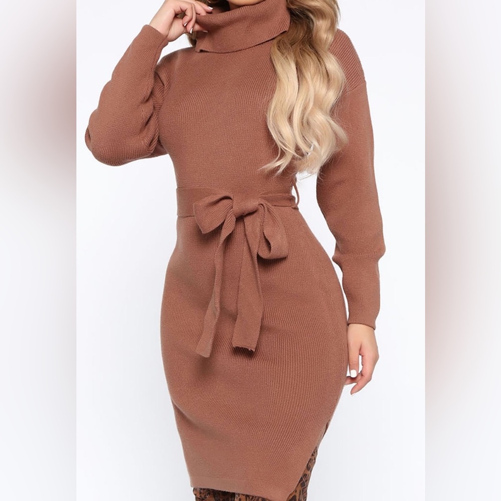 Fashion Nova Cozy Brown Long Sleeve Dress